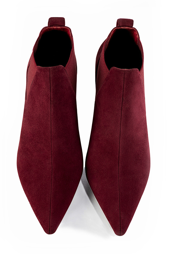 Burgundy red women's ankle boots, with elastics. Pointed toe. Medium comma heels. Top view - Florence KOOIJMAN